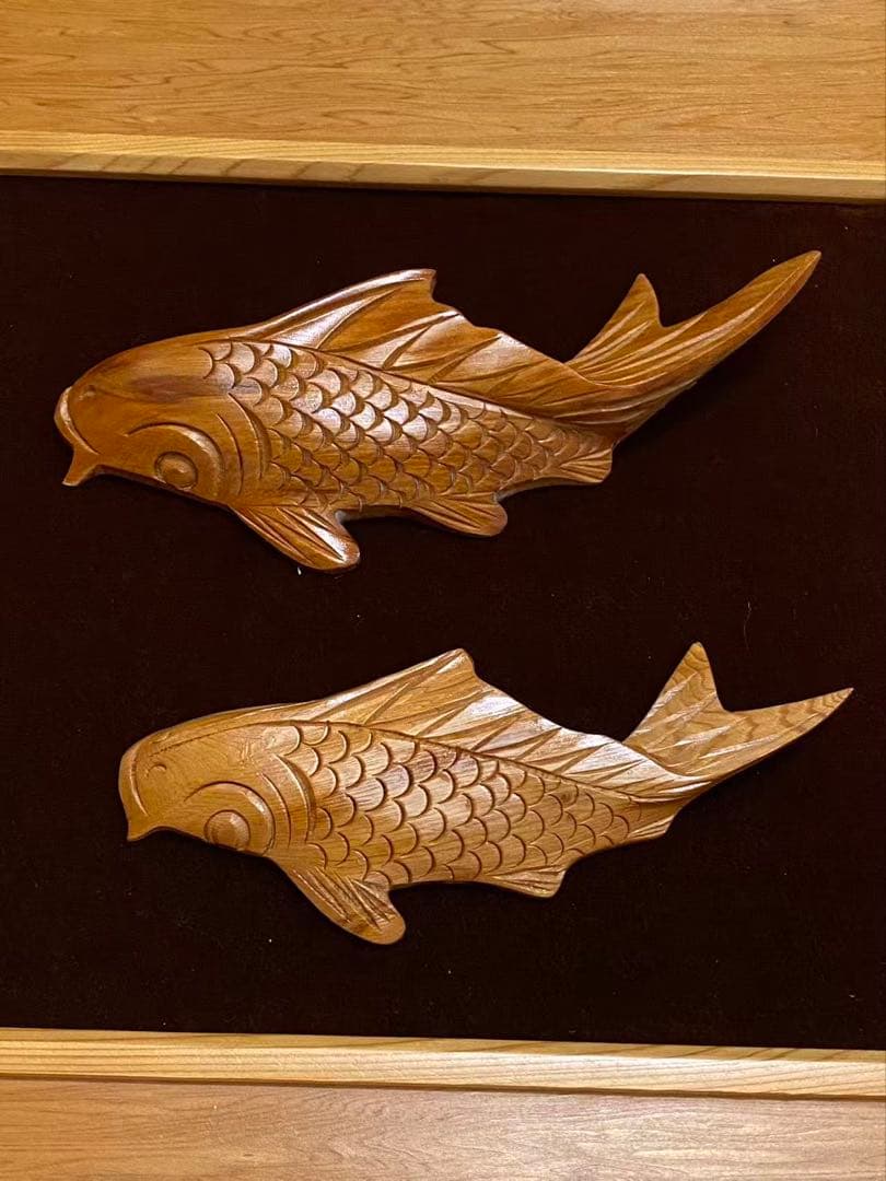木彫り 額装屋久杉木魚双鯉 彫刻 年代品