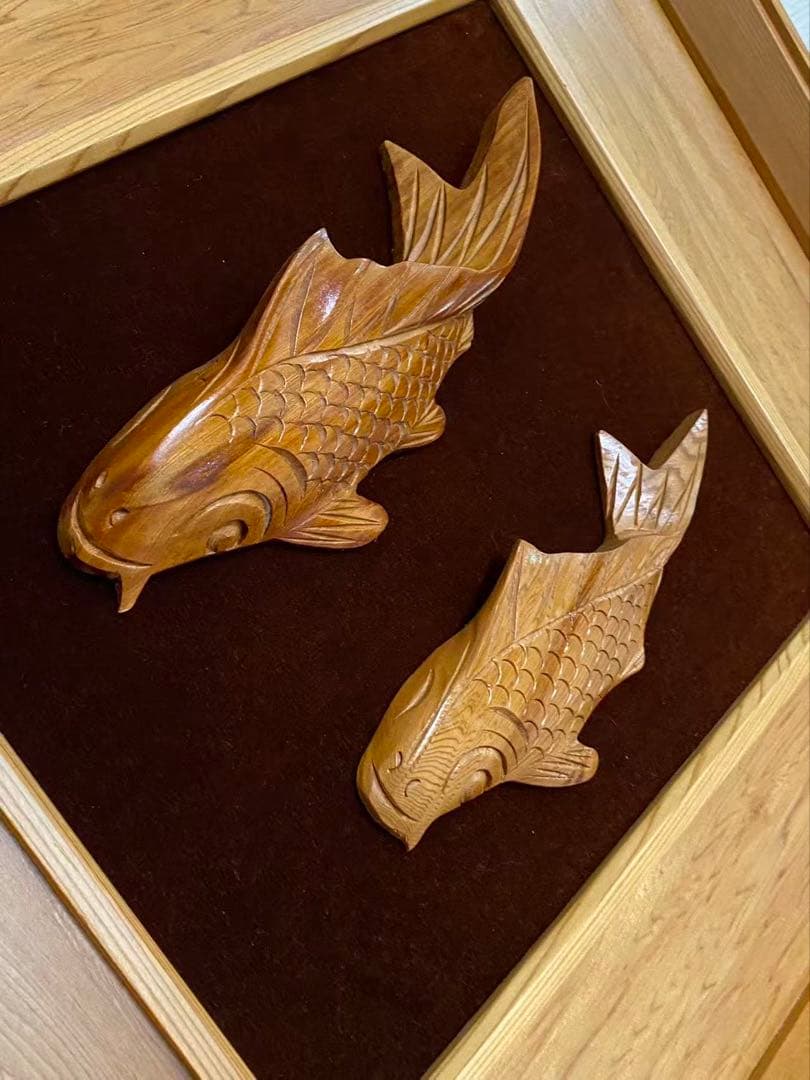 木彫り 額装屋久杉木魚双鯉 彫刻 年代品