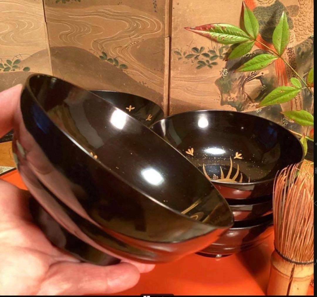 A1061 木製輪島塗　懐石道具　衝羽根に流水菖蒲　蒔絵　2客