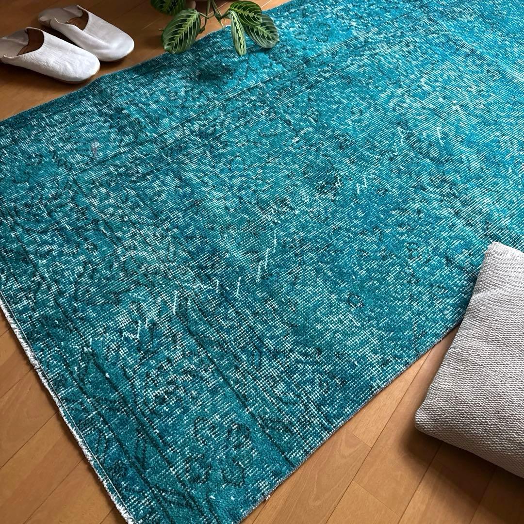 84×152ブルーグリーン　ボタニカルオーバーダイ　トルコヴィンテージラグ