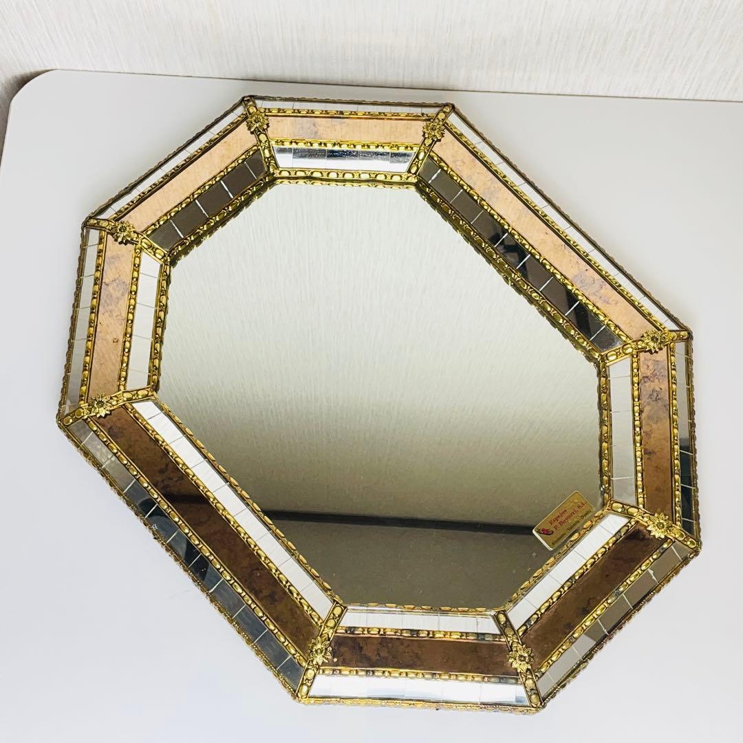 スペイン製 アンティーク 八角形 鏡 ミラー 金属枠 壁掛け ヴィンテージ 装飾