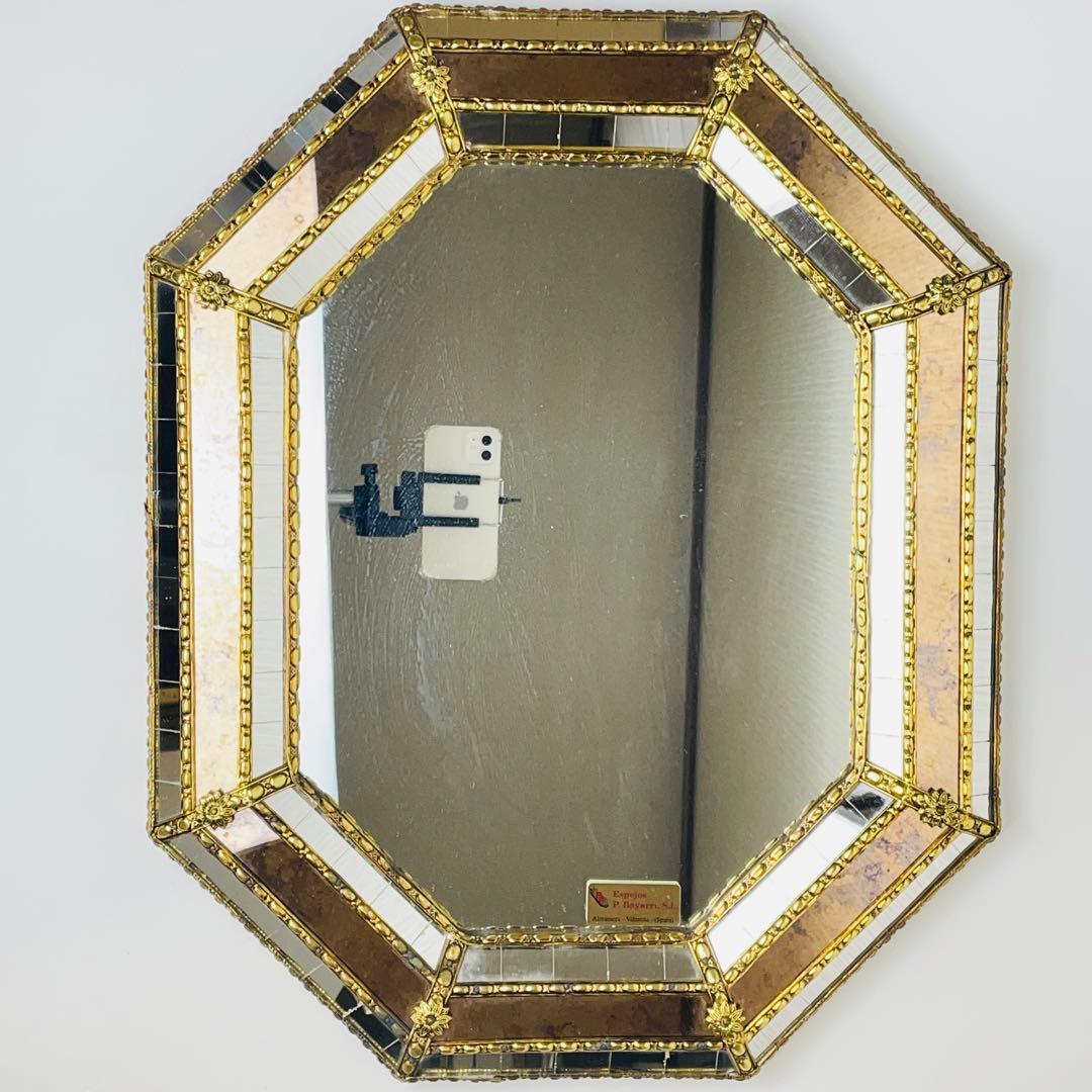 スペイン製 アンティーク 八角形 鏡 ミラー 金属枠 壁掛け ヴィンテージ 装飾