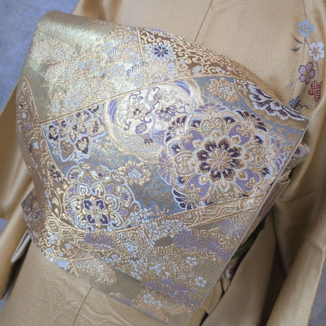 訪問着＋長襦袢　フルセット　着物　正絹　黄金色　比翼仕立て　花　金駒刺繍　O8