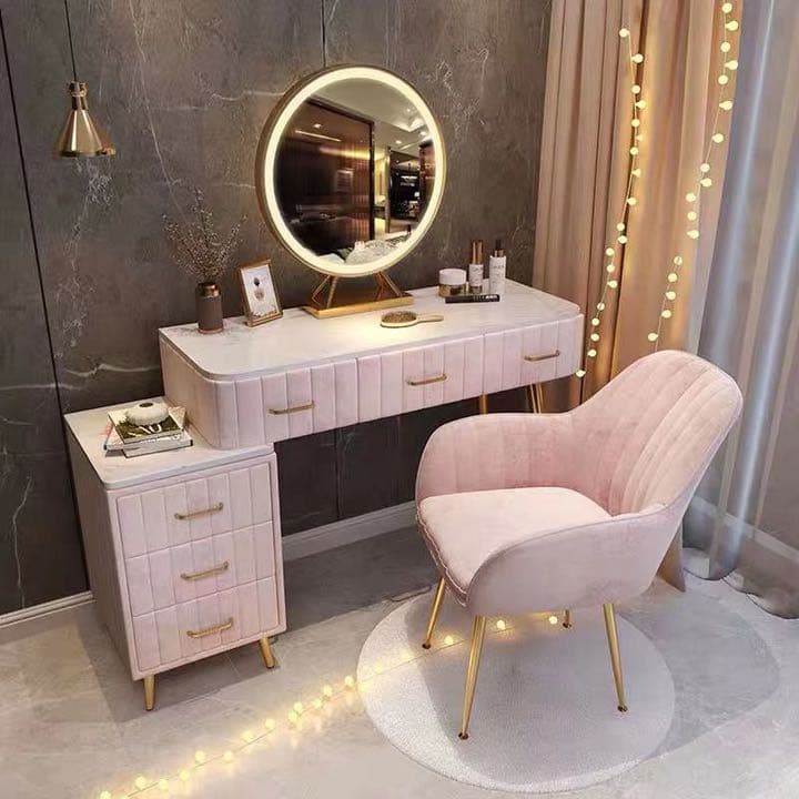 オシャレドレッサー　大理石柄×ベロア生地コスメデスク100cm3段調整可