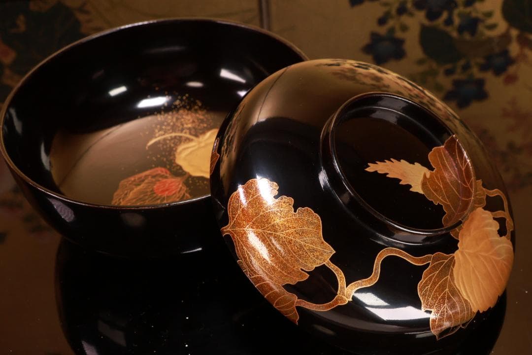 turu　BJ023 時代輪島塗　鬼灯図金蒔絵　吸物椀　八客　木製