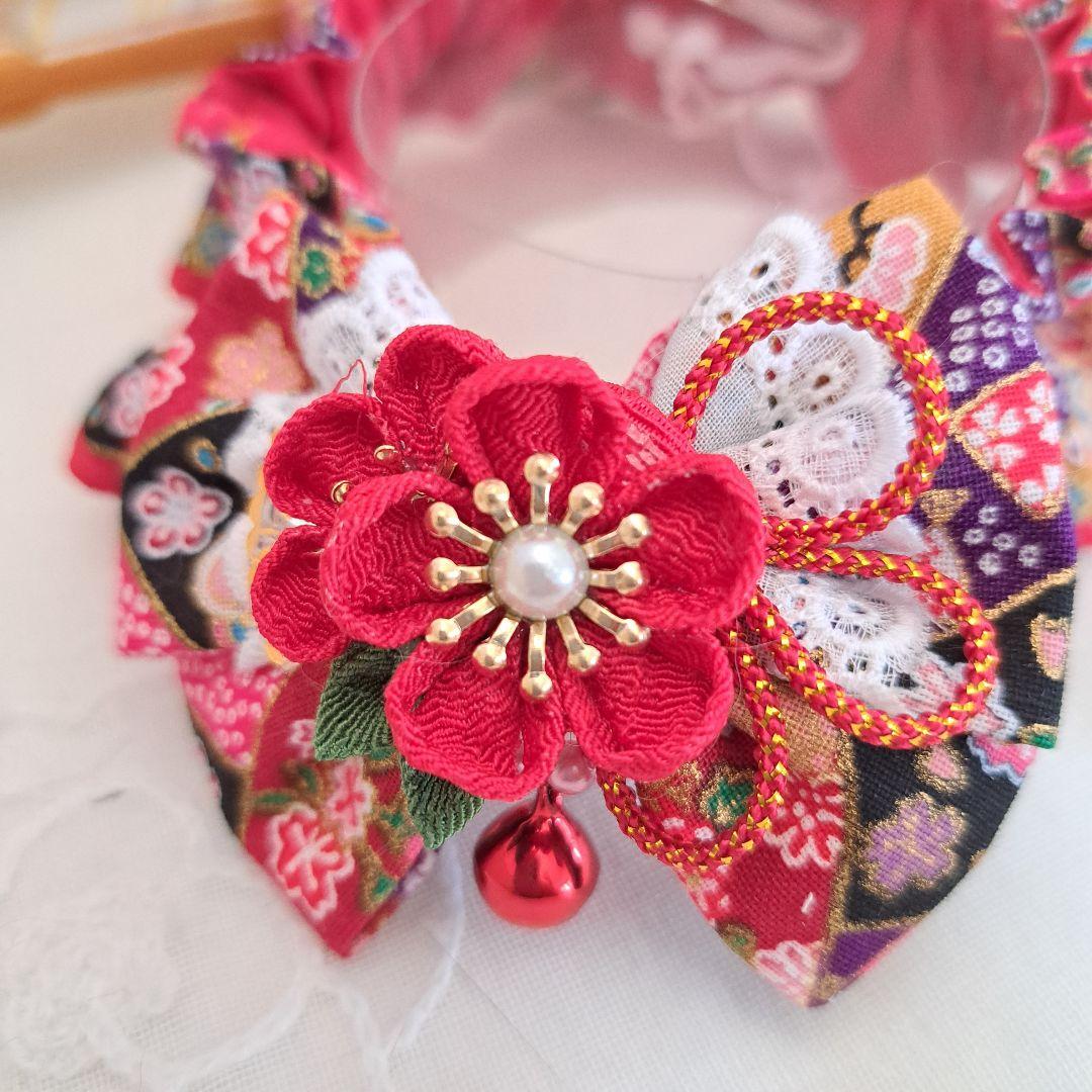 短毛シュシュ、和風妻み細工(赤①)わんちゃん猫ちゃん用