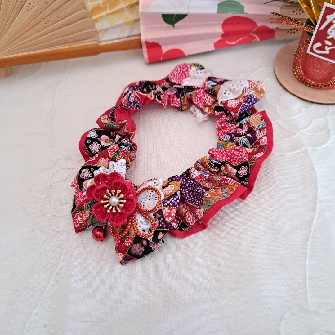 短毛シュシュ、和風妻み細工(赤①)わんちゃん猫ちゃん用