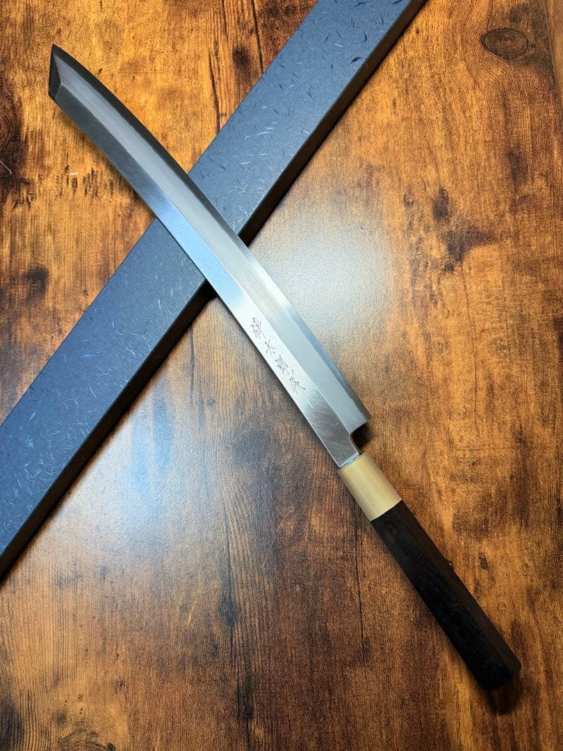 【堺打刃物】祥太郎作　刺身 切付 尺三寸　銀三鋼　鬼反り 包丁黒檀銀巻八角水牛柄