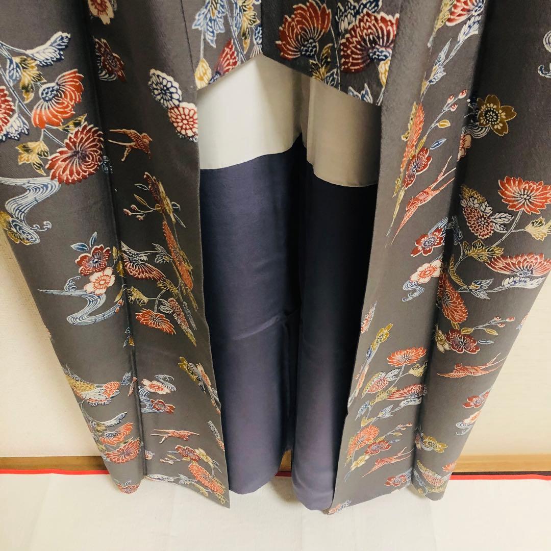 【お値打　トールサイズ】小紋　型絵染　縮緬　燕　正絹　袷　裄丈71 身丈172