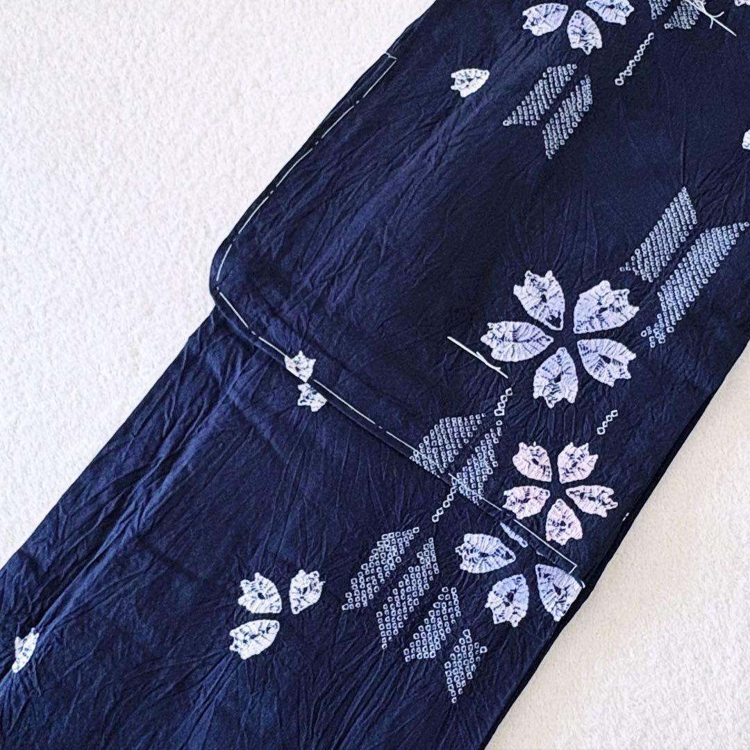 新品　しつけぬい付き　手縫　有松絞り　茄子紺色　桜　矢絣　綿　古典柄　浴衣単品
