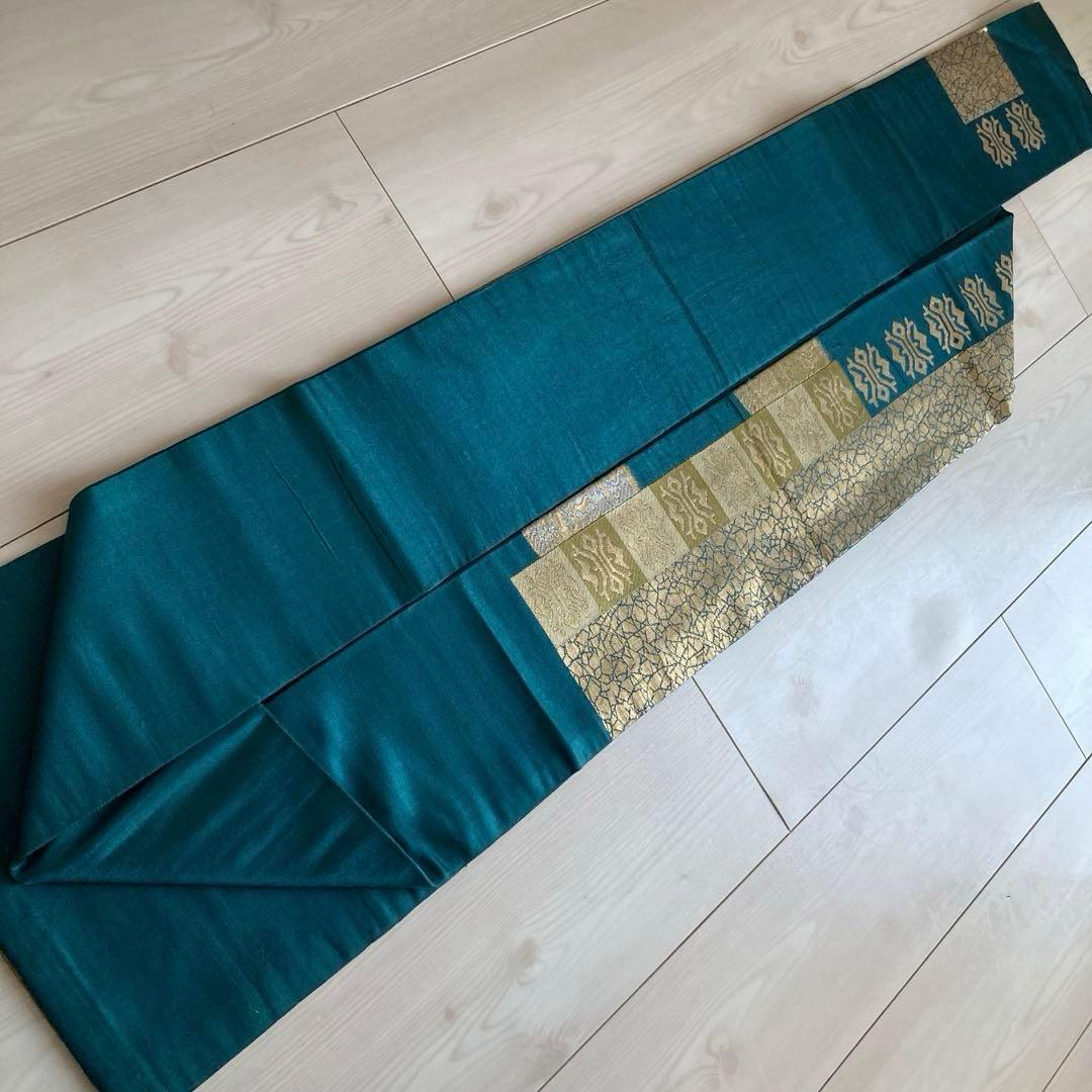 アンティーク名古屋帯　青緑　龍と花模様の織り出し　正絹　大正ロマン　N7-20