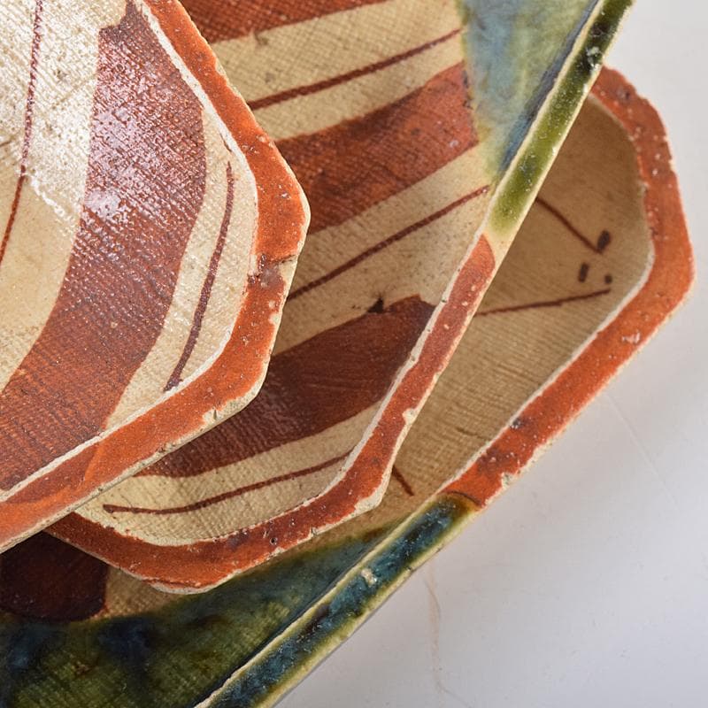 北大路魯山人作　星岡窯　織部焼　於里辺　小皿　五客　共箱　D　R8587