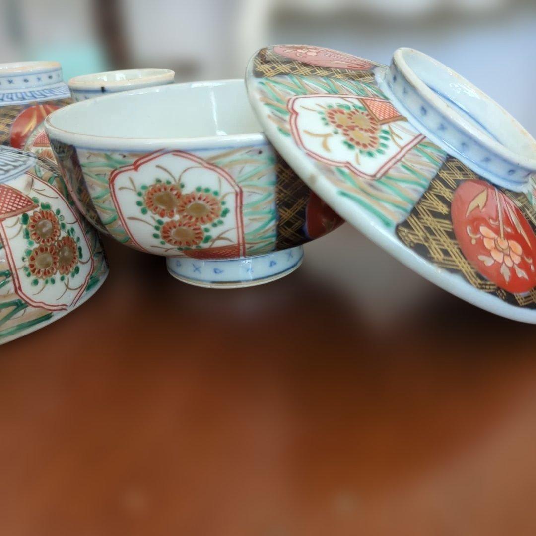 骨董　伊万里　蓋付き　お茶碗　碗　色絵　錦手　アンティーク　5つ〜