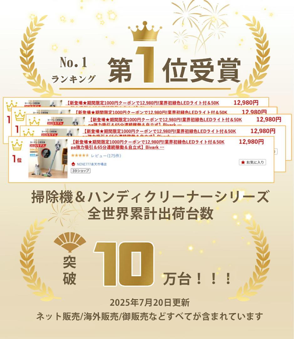 掃除機 50Kpa強力吸引 65分連続稼働＆自立式 コードレス