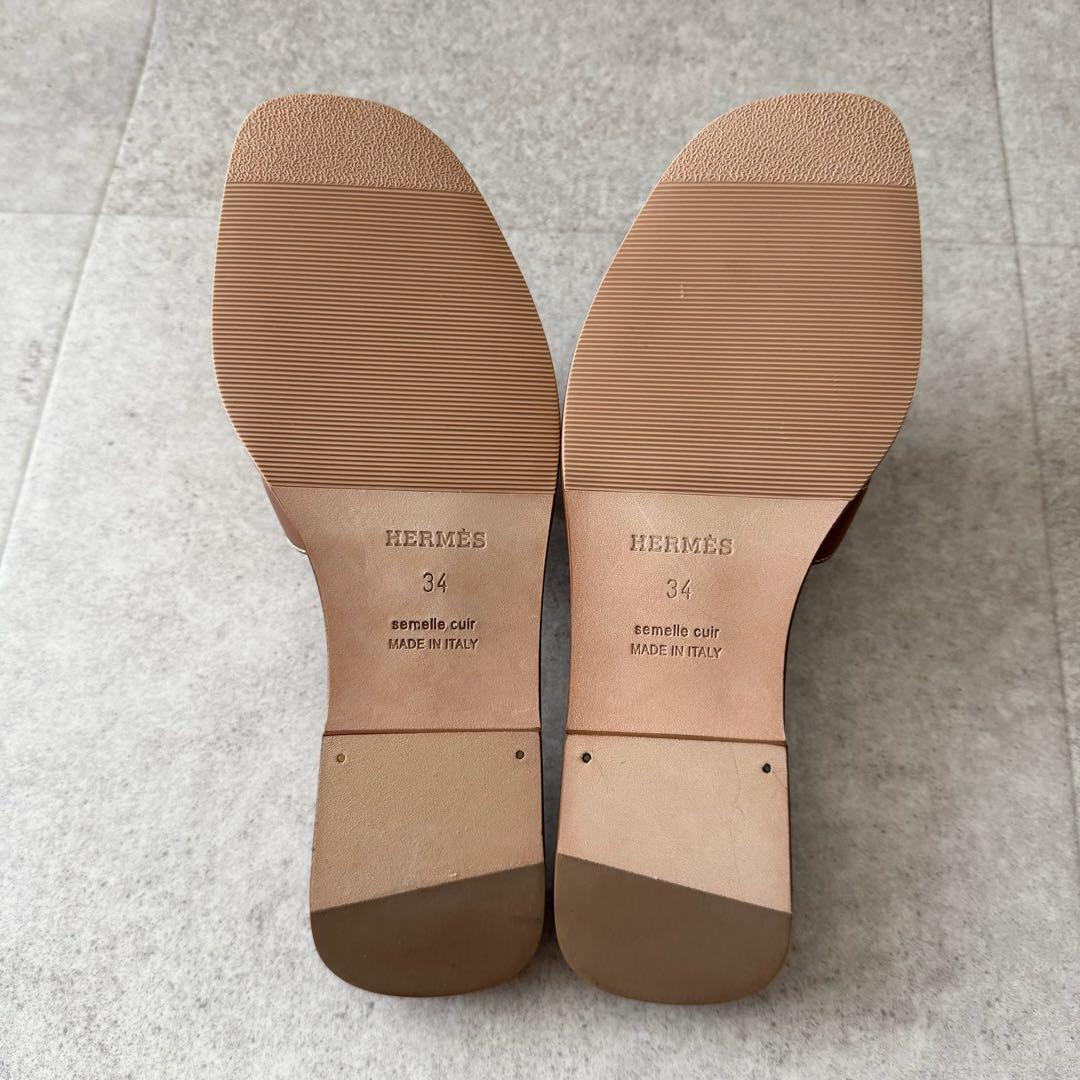 エルメス　オラン　サンダル　ロゴ　 ブラウン　茶色　34　レザー　極美品