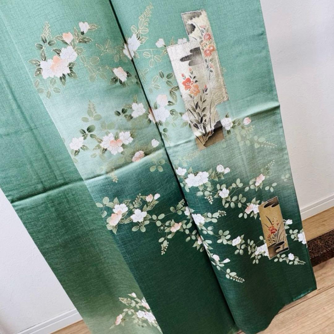 超美品　正絹　袷　現代　広襟　訪問着　着物　紋無し　161㎝　緑　光沢　金彩