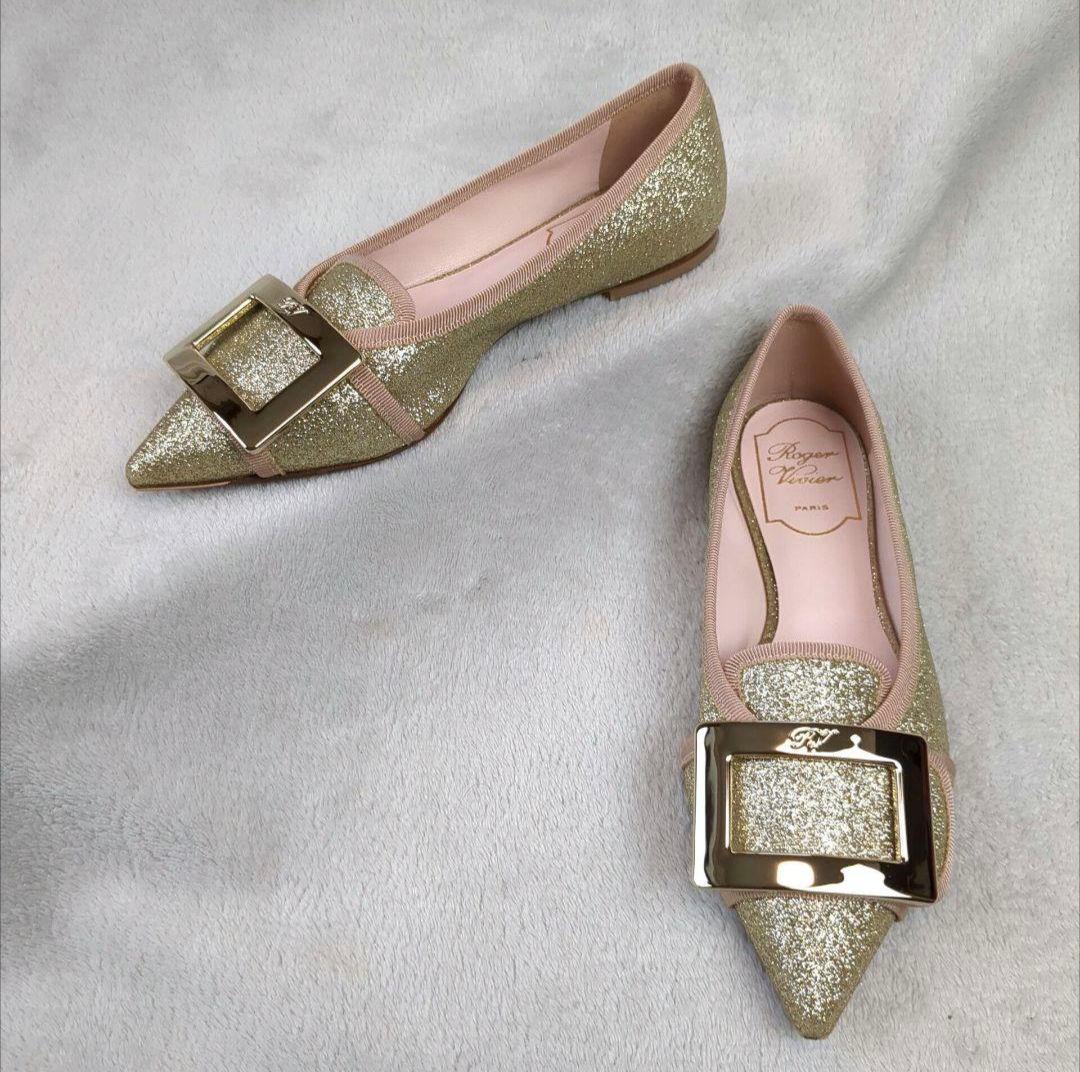 ロジェヴィヴィエ フラットシューズ スクエアバックル ゴールド サイズ35
