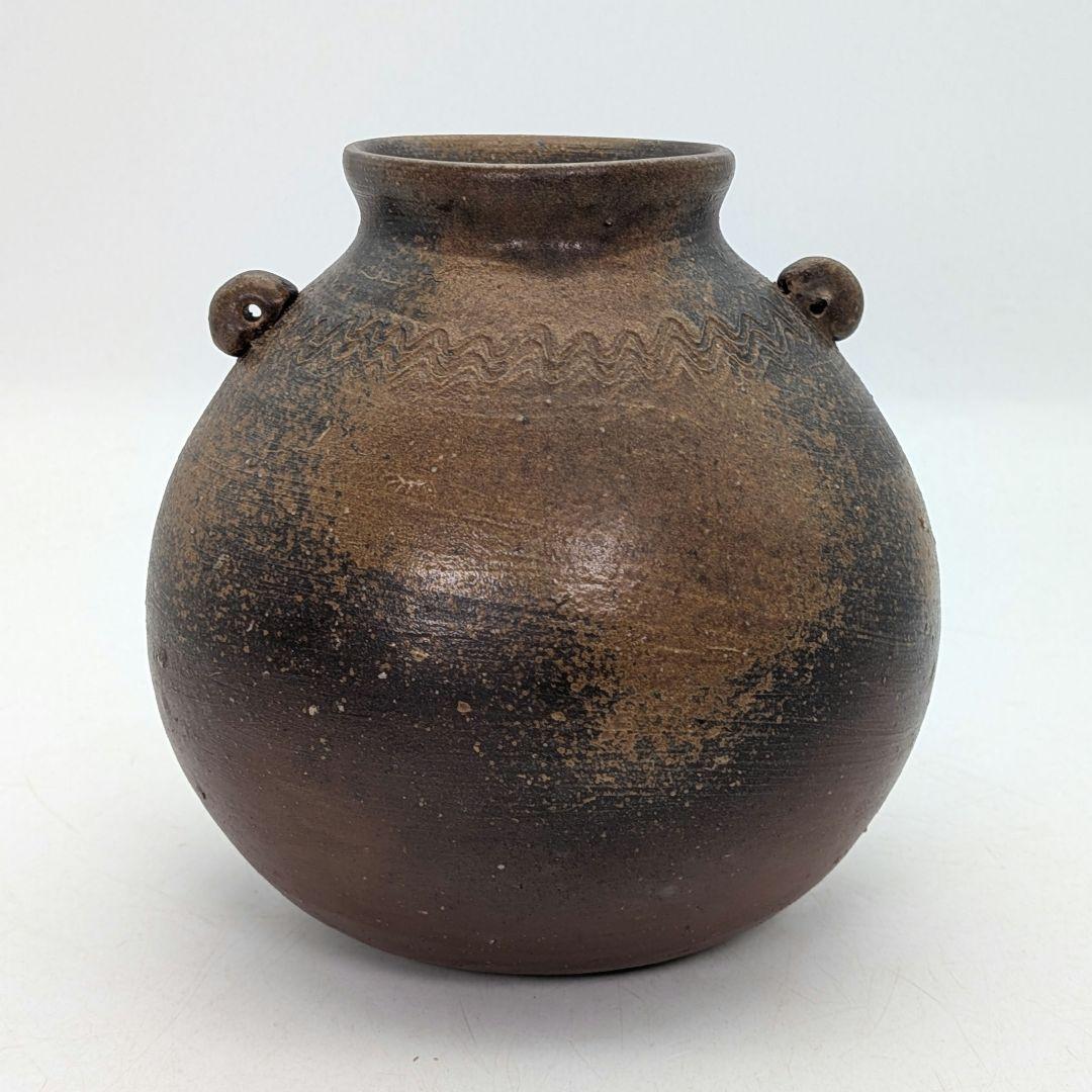 岡山県重要無形文化財 伊勢崎満 備前焼 耳付扁壺花生 共箱 花器 フラワーベース