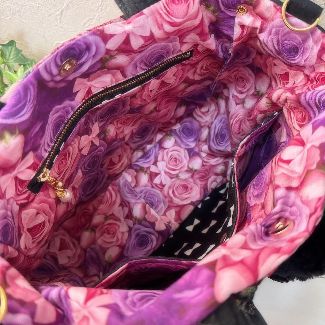 ゆ*ら様 コヤンイサムチョン♡ハチワレにゃんこの薔薇×ヌビポケット付きトートバッ