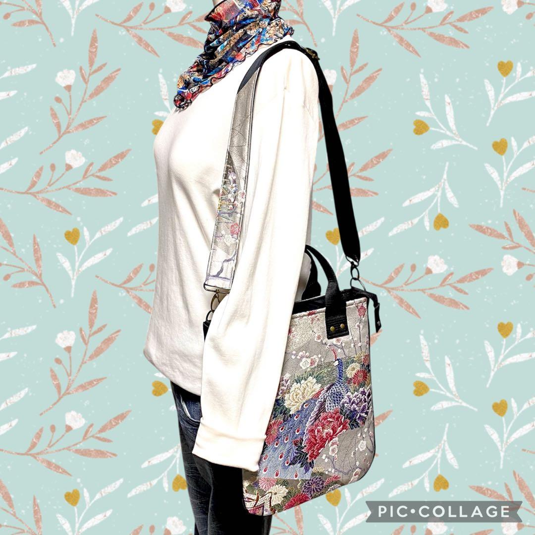 390 帯リメイク　孔雀の縦型リュック　3wayバッグ