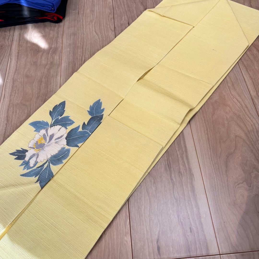 未使用　正絹　現代　名古屋帯　着物　和装　レモンイエロー　薄黄色　牡丹　364