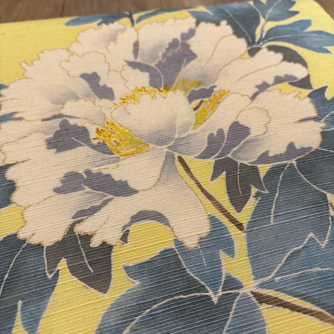 未使用　正絹　現代　名古屋帯　着物　和装　レモンイエロー　薄黄色　牡丹　364