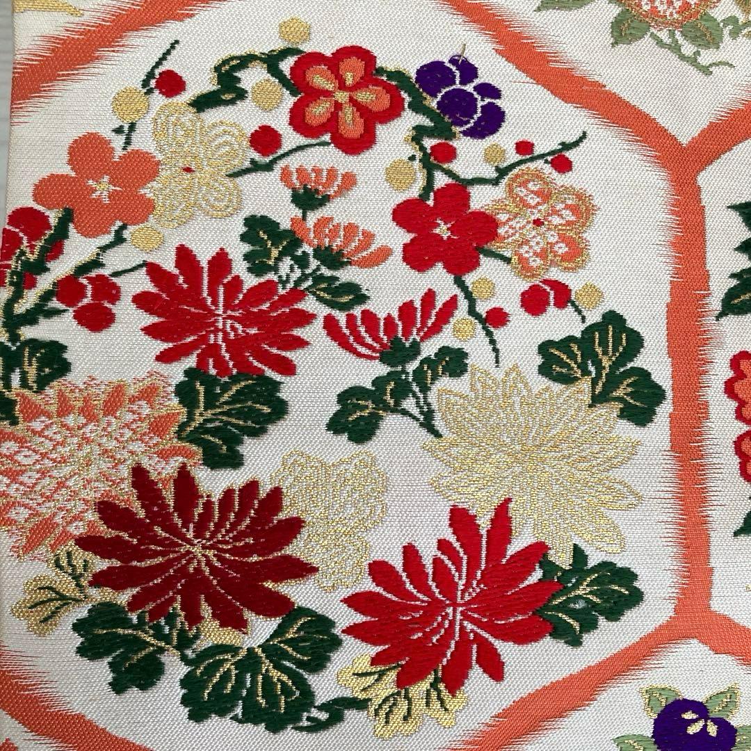 アンティーク名古屋帯　織り出し花模様　アイボリー　正絹　大正ロマンNo.28