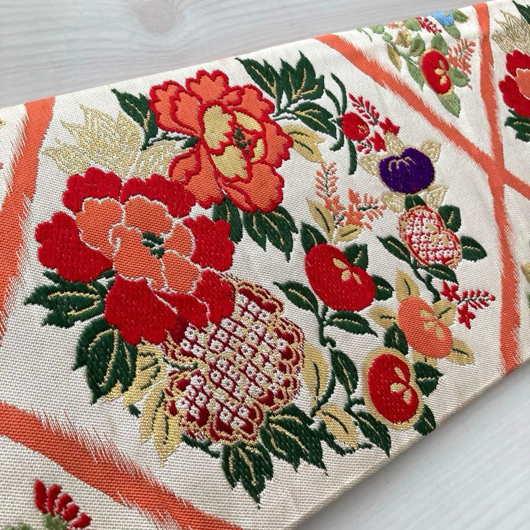 アンティーク名古屋帯　織り出し花模様　アイボリー　正絹　大正ロマンNo.28