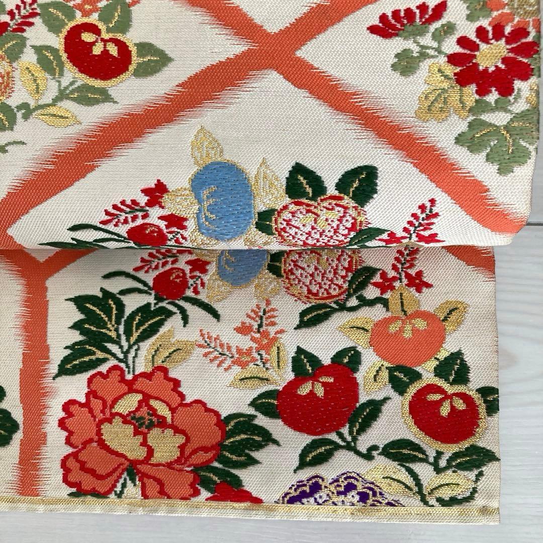 アンティーク名古屋帯　織り出し花模様　アイボリー　正絹　大正ロマンNo.28