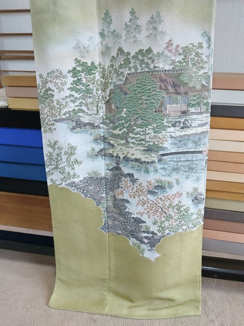 T-293 色留袖 寿光織 樹木 風景 袷 三ツ紋 暈し 金銀糸 美品