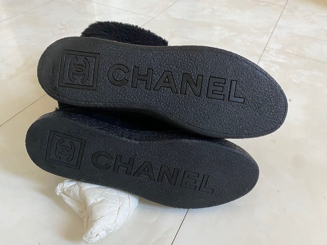 シャネル ムートン フラット ブーツ 黒 37 24cm ブラック CHANEL