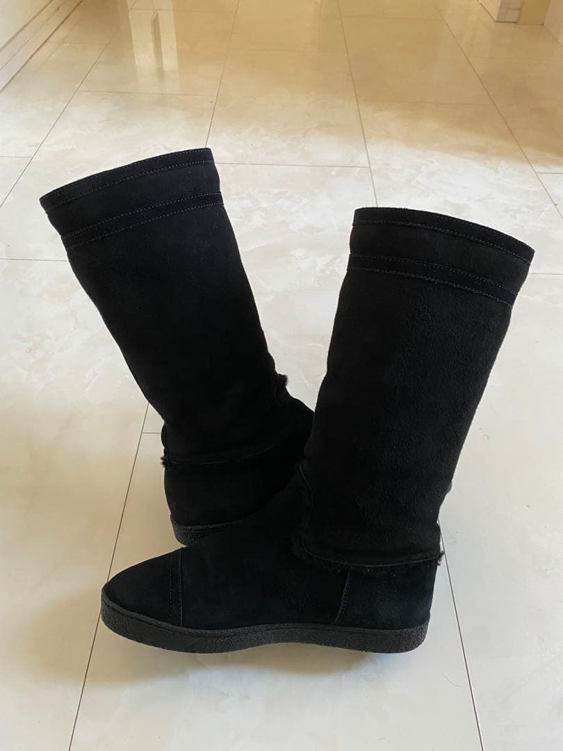 シャネル ムートン フラット ブーツ 黒 37 24cm ブラック CHANEL