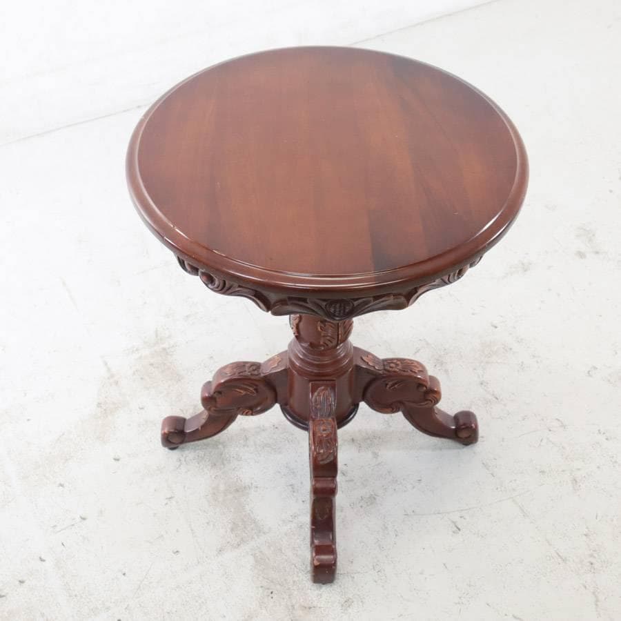 ヨーロピアンアンティーク調 マホガニー サイドテーブル 彫刻 ラウンテーブル