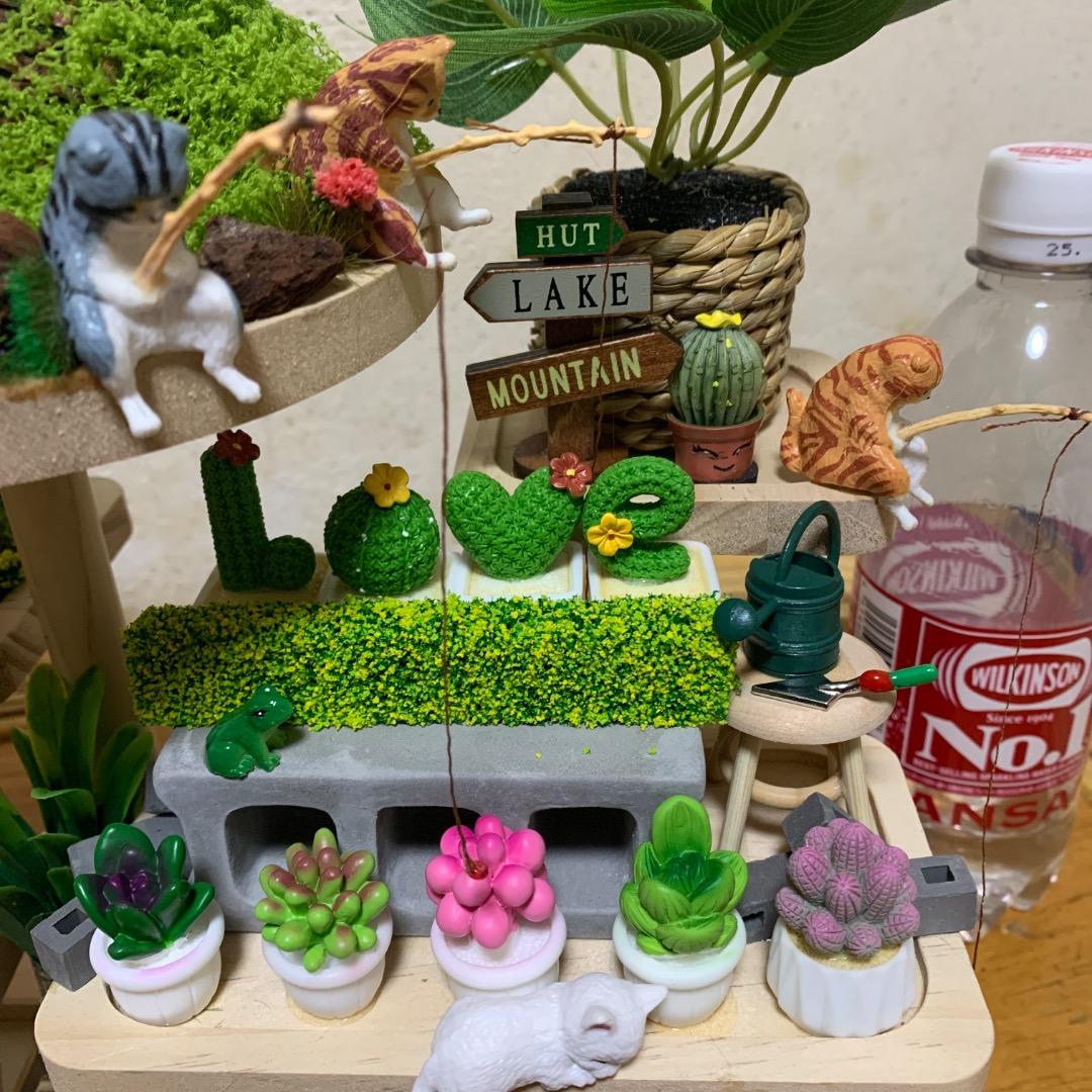 ミニチュア猫島アイランドフェイクガーデン、ハンドメイド、1点物、多肉植物サボテン