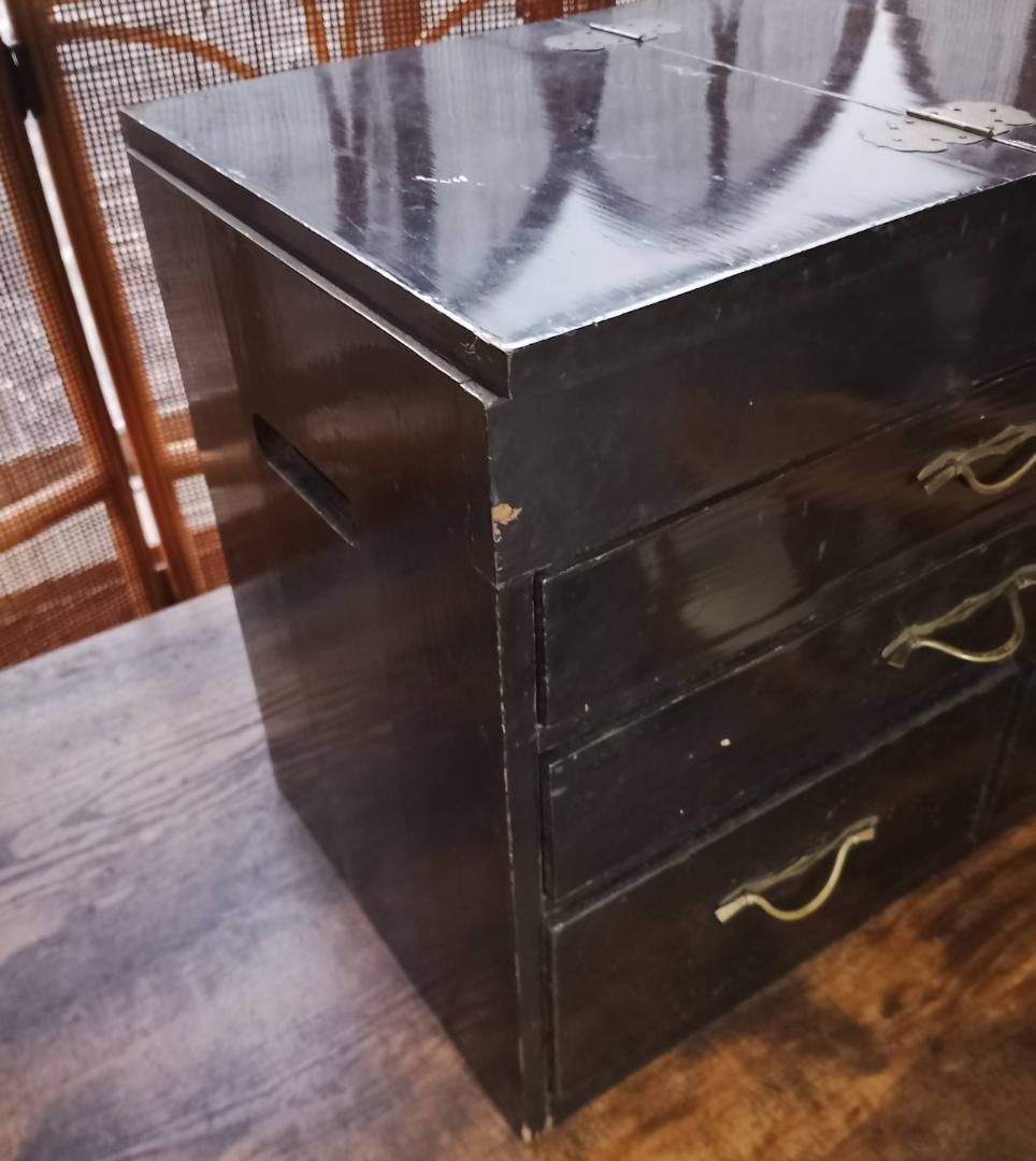 古道具 黒漆塗 鏡台 化粧箱 引き出し付き 真鍮金具 昭和レトロ 和家具
