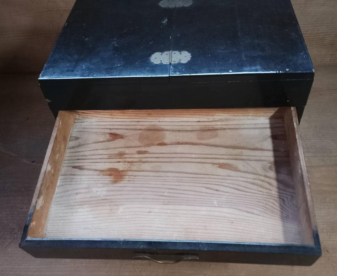 古道具 黒漆塗 鏡台 化粧箱 引き出し付き 真鍮金具 昭和レトロ 和家具