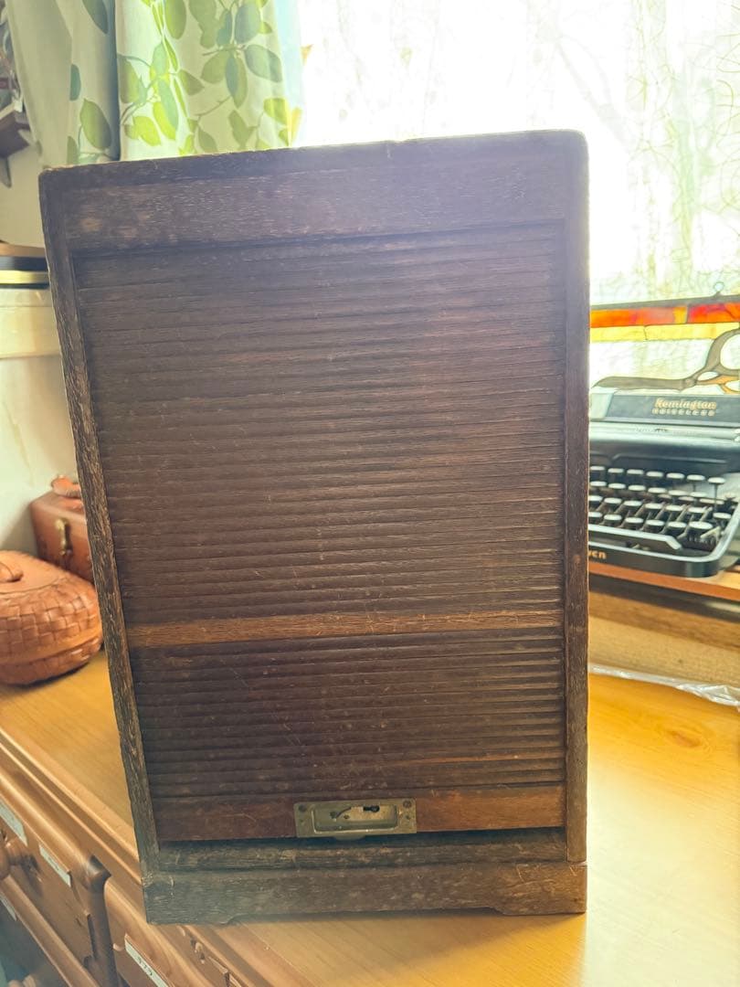 アンティーク木製スライド式蛇腹 ジャバラ扉4段引き出し収納 店舗什器