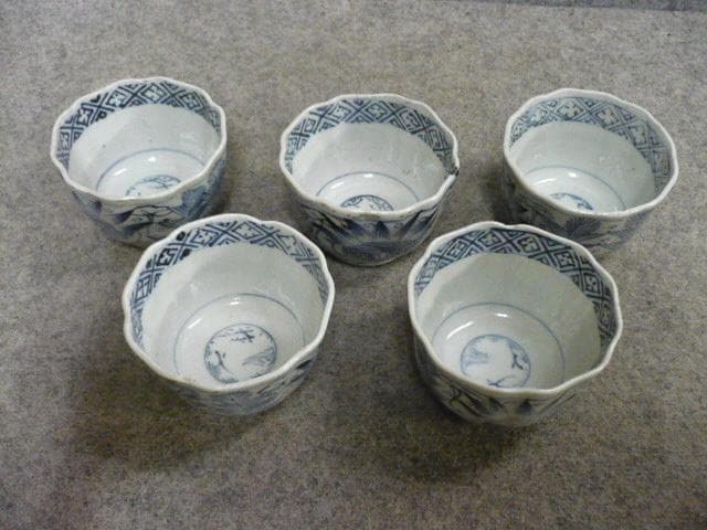 伊万里焼染付花柄蕎麦猪口5個 [B31671]