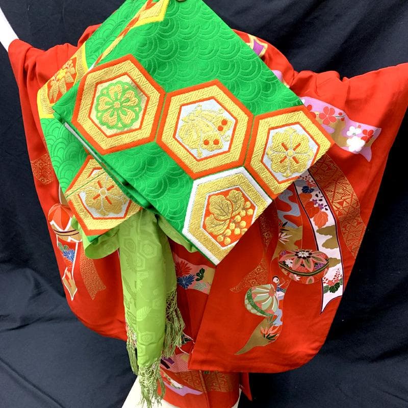 503ag72□七五三 七歳 女児 着物&袋帯&長襦袢 金彩 束ね熨斗 毬□