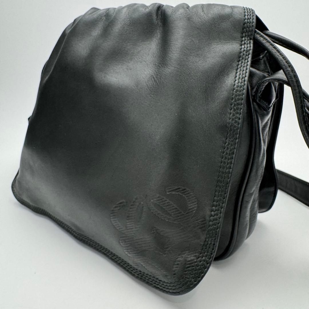 ロエベ アナグラム フラメンコ ナッパ レザー 巾着 ショルダーバッグ 黒緑