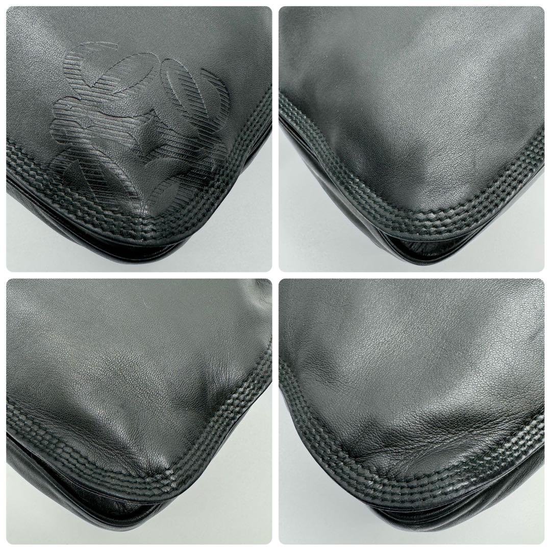 ロエベ アナグラム フラメンコ ナッパ レザー 巾着 ショルダーバッグ 黒緑