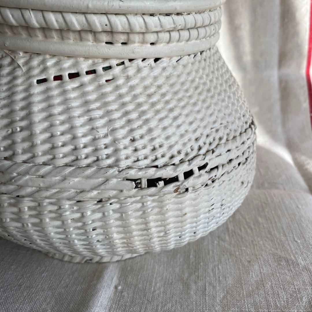 フランス　アンティークパニエ　プロヴァンスプリント　白いかご　ラタンバスケット