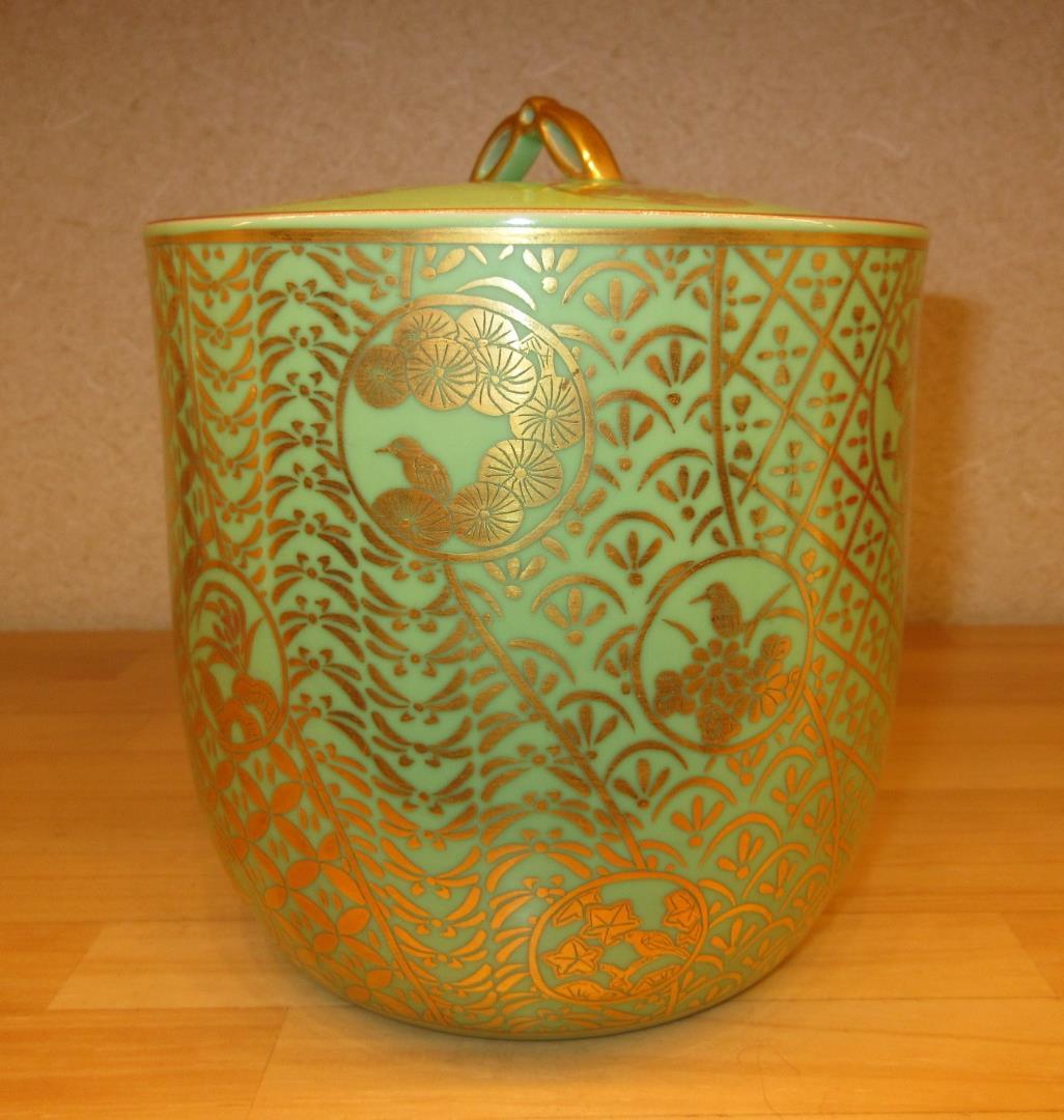 送料込【逢絢亭・新品】茶道具 水指 京焼 萌黄 金襴手 手塚石雲 共箱入り