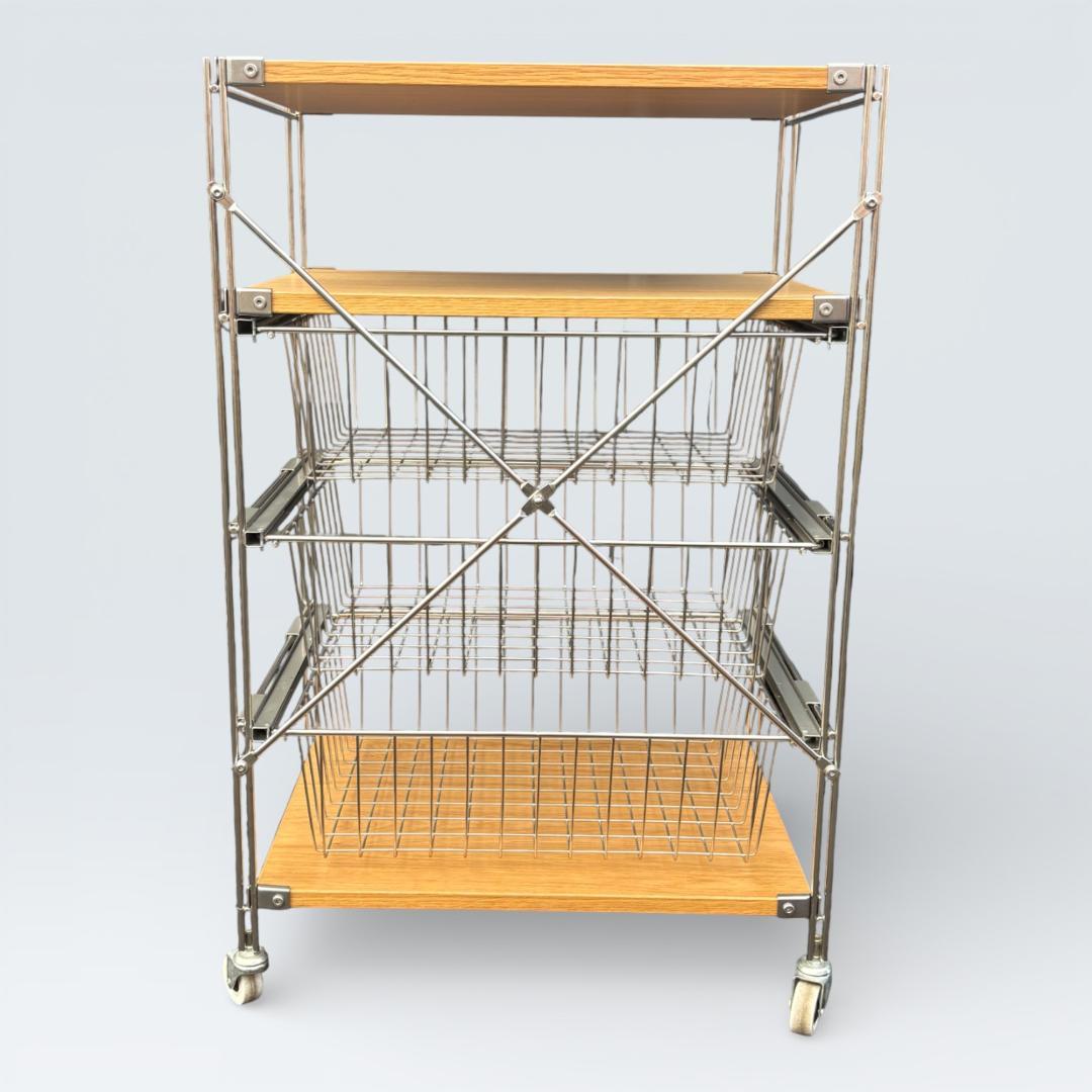 【送料込】無印良品 ステンレスユニットシェルフ オーク バスケット キャスター付