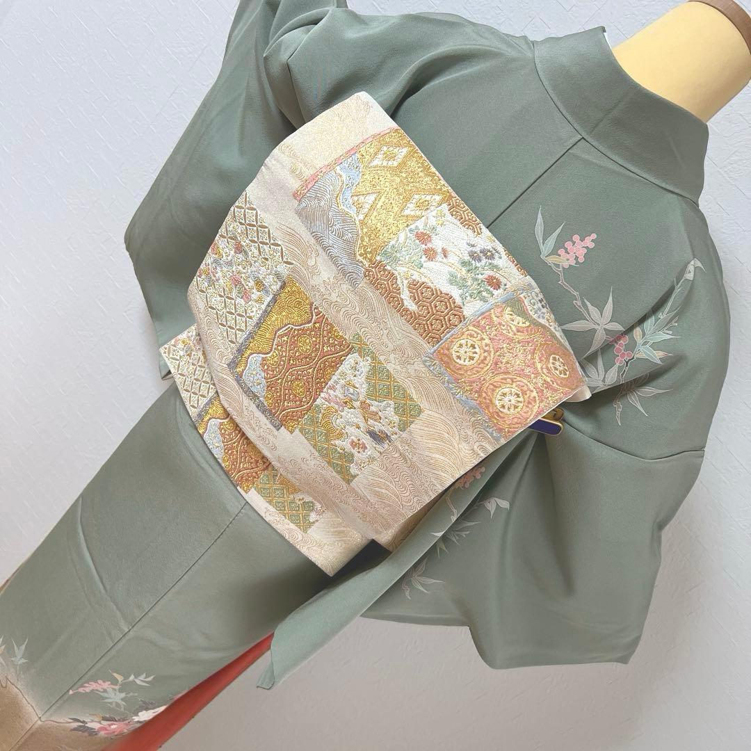 455 訪問着フルセット 正絹 くすみグリーン 灰緑 友禅 金彩 刺繍 暈し染め