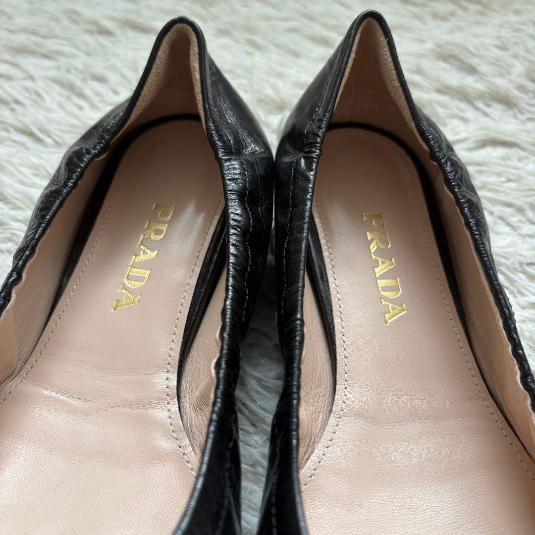 極美品 PRADA バレエ シューズ 黒 38 スタッズ ベルト フラット 靴