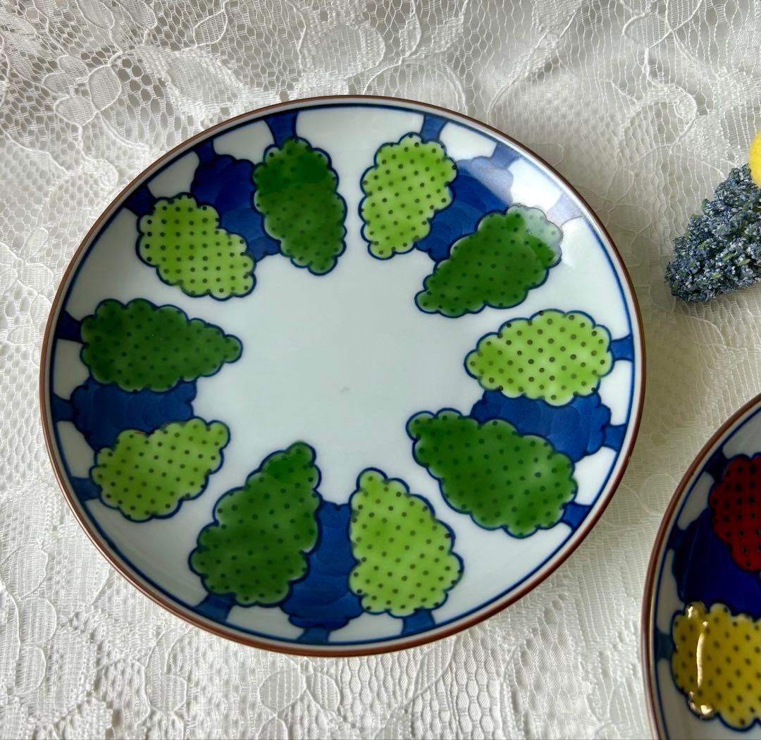 【新品・未使用】源右衛門窯　染錦緑樹＆染錦紅樹　銘々皿　２枚セット