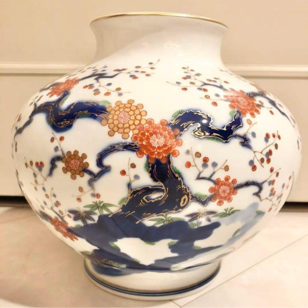 #13 深川製磁　宮内庁御用達　梅牡丹　花瓶　有田焼窯元　大ぶり　花生　壺　壷