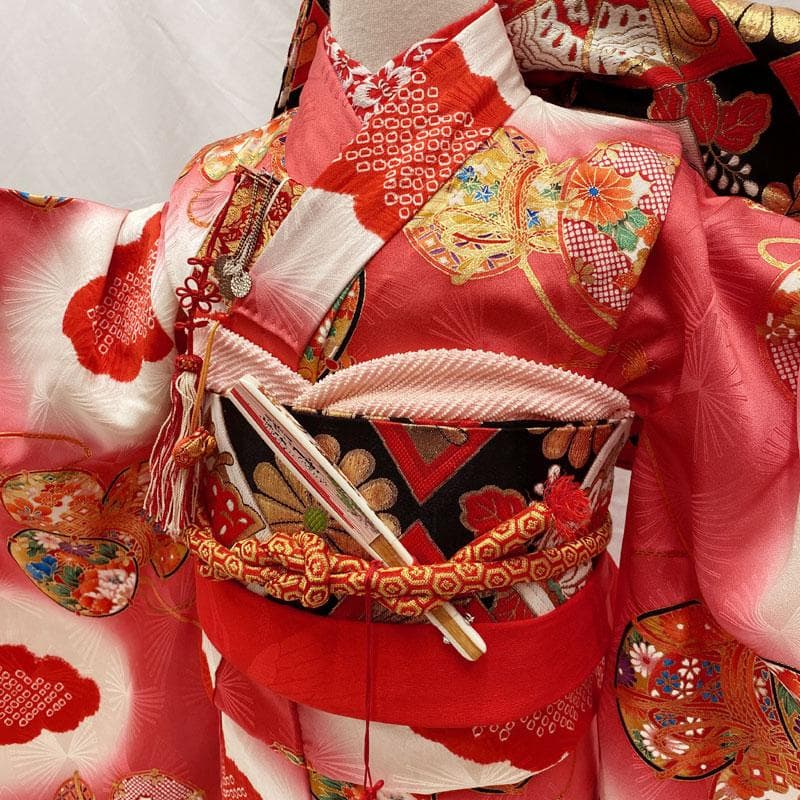 501ag31◎七五三 七歳 女児 着物&丸帯 小紋柄 部分絞り染め 鼓◎美品