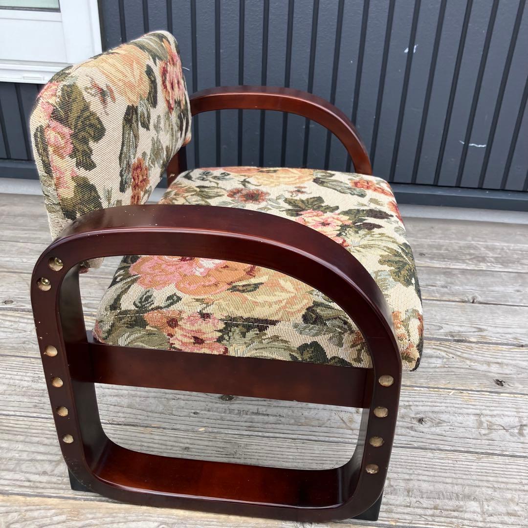 昭和レトロ 花柄ゴブラン織り 木製座椅子 アームチェア ウッドチェア クラシック